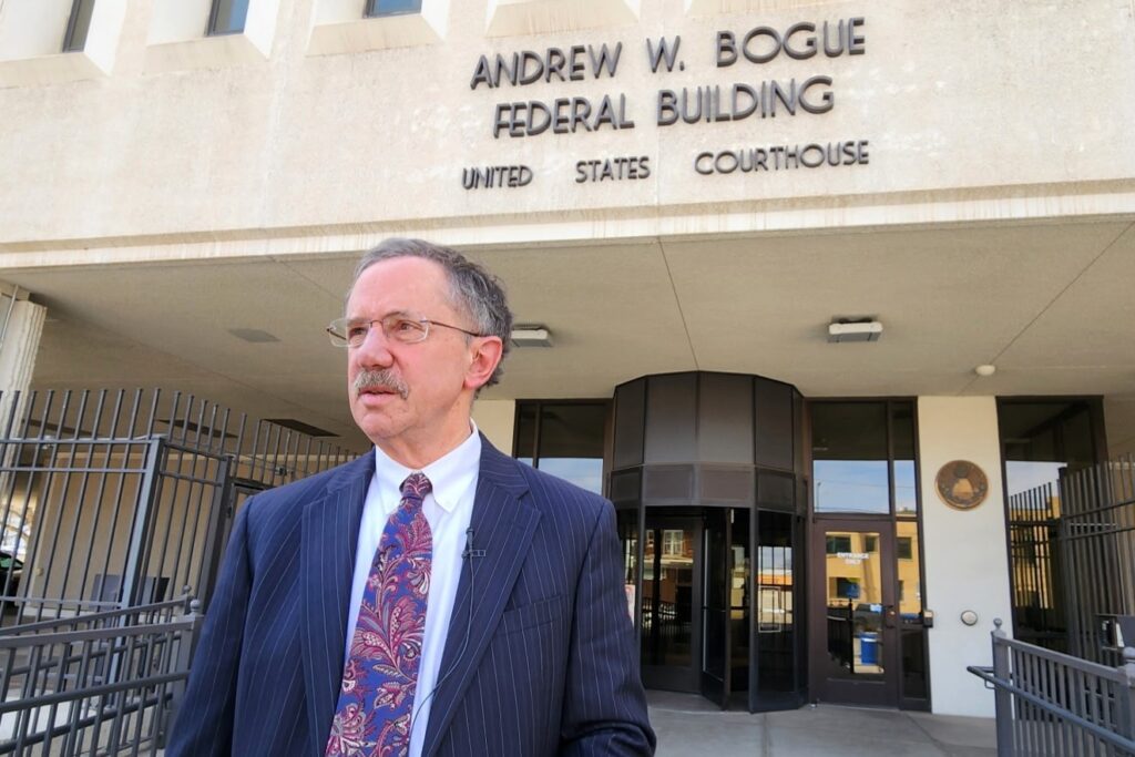 Attorney Jim Leach speaks to the media on April 18, 2025, outside the federal courthouse in Rapid City. (Matt Weiner/Rapid City Journal)