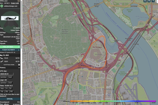 This image provided by the U.S. Army shows a screenshot of data from the Automatic Dependent Surveillance – Broadcast, or ADS-B, of the flight path of Army Black Hawk "PAT23" on a May 1, 2025, flight that led to air traffic controllers aborting the landings of two commercial jets. (U.S. Army via AP)