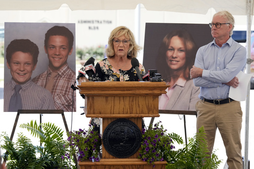 Terri Osborne, center, speaks as her brother, Mike Robirds, right, listens outside Riverbend Maximum Security Institution after the execution of Oscar Smith Thursday, May 22, 2025, in Nashville, Tenn. Osborne and Robirds are siblings of Judy Robirds, shown in the photograph at right, who was murdered, along with her sons, shown in the photograph at left, by Oscar Smith in 1989. (AP Photo/Mark Humphrey)