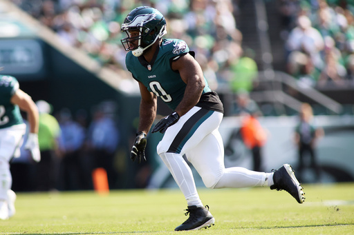 FILE - Philadelphia Eagles defensive end Bryce Huff (0) rushes during an NFL football game against the Cleveland Browns, Sunday, Oct. 13, 2024 in Philadelphia. (AP Photo/Daniel Kucin Jr., File)