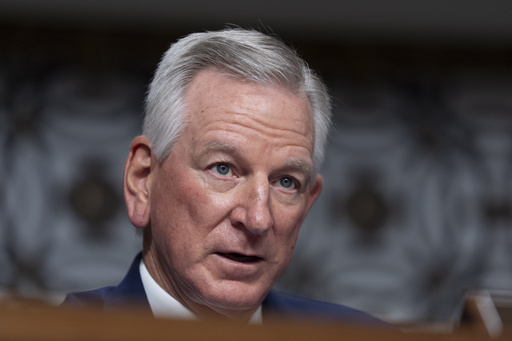 FILE - Senate Armed Services Committee member Sen. Tommy Tuberville, R-Ala., questions retired Air Force Lt. Gen. Dan "Razin" Caine during his confirmation hearing on his nomination to be promoted to general and chairman of the Joint Chiefs of Staff, April 1, 2025, in Washington. (AP Photo/Manuel Balce Ceneta, File)