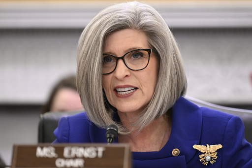 FILE - Sen. Joni Ernst, R-Iowa, speaks at a hearing on Capitol Hill Jan. 29, 2025, in Washington. (AP Photo/John McDonnell, File)