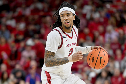 FILE - Arkansas guard Boogie Fland (2) runs a play against Florida during an NCAA college basketball game Saturday, Jan. 11, 2025, in Fayetteville, Ark. (AP Photo/Michael Woods, File)