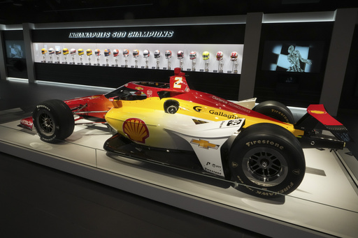 The winning car that Josef Newgarden drove to victory in the 2024 Indianapolis 500 is shown in the Indianapolis Motor Speedway Museum at the Indianapolis Motor Speedway in Indianapolis, Monday, May 19, 2025. (AP Photo/Michael Conroy)