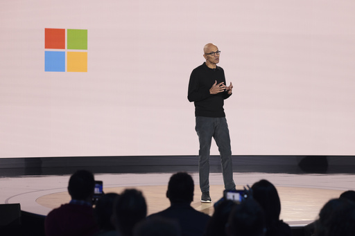 FILE - Microsoft Chairman and CEO Satya Nadella speaks during a presentation of the company's AI assistant, Copilot, and 50th Anniversary celebration at Microsoft headquarters, in Redmond, Wash., April 4, 2025. (AP Photo/Jason Redmond, File)