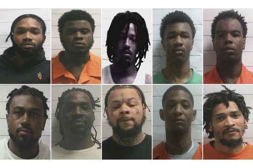 This combo from photos provided by Orleans Parish Sheriff's Office shows from left top: Dkenan Dennis, Gary C Price, Robert Moody, Kendell Myles, Corey E Boyd. Bottom from left: Lenton Vanburen Jr, Jermaine Donald, Antonine T Massey, Derrick D. Groves, and Leo Tate Sr. (Orleans Parish Sheriff's Office via AP)