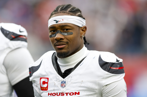 FILE - Houston Texans wide receiver Stefon Diggs (1) reacts during the first half of an NFL football game against the New England Patriots, Sunday, Oct. 13, 2024, in Foxborough, Mass. (AP Photo/Greg M. Cooper, File)