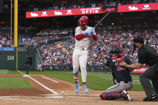 FILE - Philadelphia Phillies' Bryce Harper is hit by a pitch Atlanta Braves' Spencer Strider during a baseball game, Tuesday, May 27, 2025, in Philadelphia. (AP Photo/Matt Slocum)