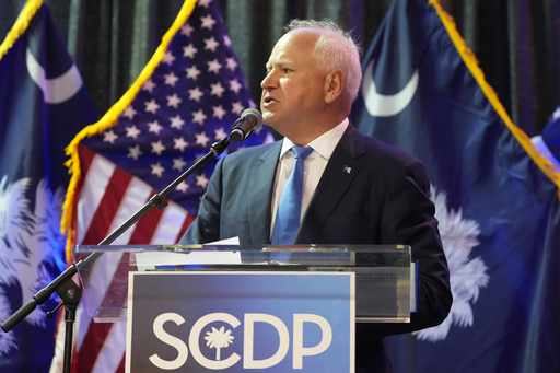 Minnesota Gov. Tim Walz speaks at the South Carolina Democratic Party's Blue Palmetto Dinner Friday, May 30, 2025, in Columbia, S.C. (AP Photo/Meg Kinnard)