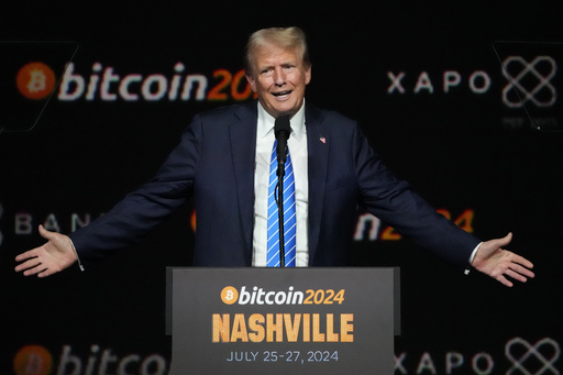 FILE - Then Former President Donald Trump speaks at the Bitcoin 2024 Conference, July 27, 2024, in Nashville, Tenn. (AP Photo/Mark Humphrey, File)