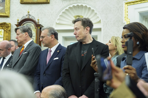 Elon Musk looks on as President Donald Trump meets South African President Cyril Ramaphosa in the Oval Office of the White House, Wednesday, May 21, 2025, in Washington. (AP Photo/Evan Vucci)