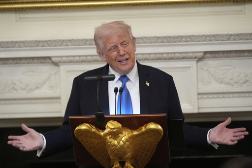 President Donald Trump speaks during a Kennedy Center board dinner in the State Dining Room at the White House, Monday, May 19, 2025, in Washington. (AP Photo/Manuel Balce Ceneta)