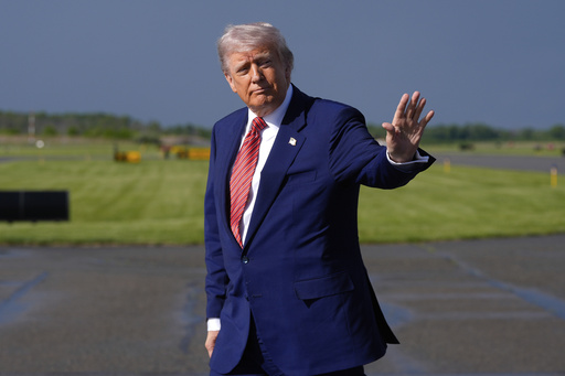 President Donald Trump arrives on Air Force One at Morristown Municipal Airport in Morristown, N.J., Friday, May 23, 2025. (AP Photo/Manuel Balce Ceneta)