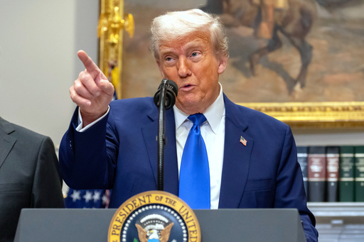 President Donald Trump gestures while answering a reporter's question during an event in the Roosevelt Room at the White House, Monday, May 12, 2025, in Washington. (AP Photo/Mark Schiefelbein)