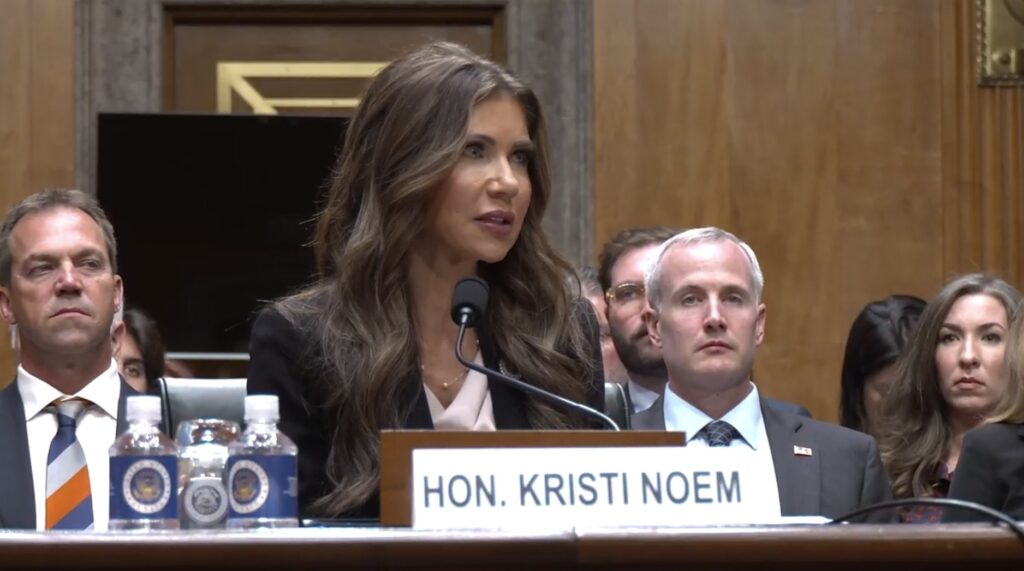 Homeland Security Secretary Kristi Noem testifies before the Senate Homeland Security and Governmental Affairs Committee on Tuesday, May 20, 2025. (Screenshot from committee webcast)