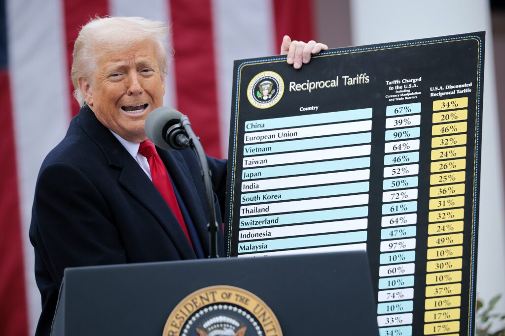 President Donald Trump holds up a chart while speaking during a “Make America Wealthy Again” trade announcement event in the Rose Garden at the White House on April 2, 2025 in Washington, D.C.  (Photo by Chip Somodevilla/Getty Images)