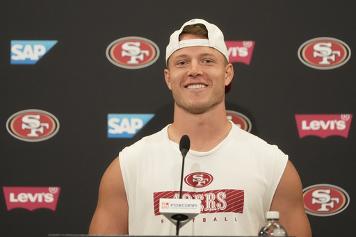 San Francisco 49ers running back Christian McCaffrey speaks during a news conference after practice at NFL football minicamp Wednesday, June 11, 2025, in Santa Clara, Calif. (AP Photo/Jeff Chiu)