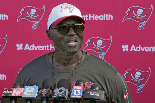 Tampa Bay Buccaneers head coach Todd Bowles speaks to the media after practice at NFL football minicamp Thursday, June 12, 2025, in Tampa, Fla. (AP Photo/Chris O'Meara)