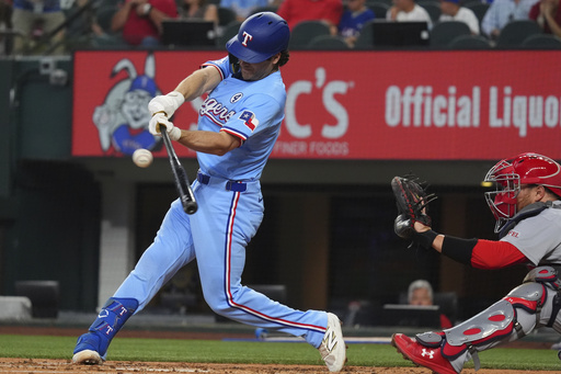 Texas Rangers' Josh Smith, left, hits a double that scored teammates Marcus Semien and Sam Haggerty in front of St. Louis Cardinals catcher Pedro Pagés during the second inning of a baseball game, Sunday, June 1, 2025, in Arlington, Texas. (AP Photo/LM Otero)