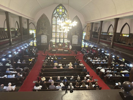 Mother Emanuel AME church is seen at the start of a service commemorating the 10th anniversary of the Charleston Church Massacre on Tuesday, June 17, 2025, in Charleston, S.C. (AP Photo/Jeffrey Collins)