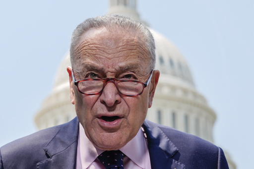 Senate Minority Leader Chuck Schumer, D-N.Y., speaks at a news conference on President Donald Trump's spending and tax bill, Thursday, June 12, 2025, outside the U.S. Capitol in Washington. (AP Photo/Julia Demaree Nikhinson)