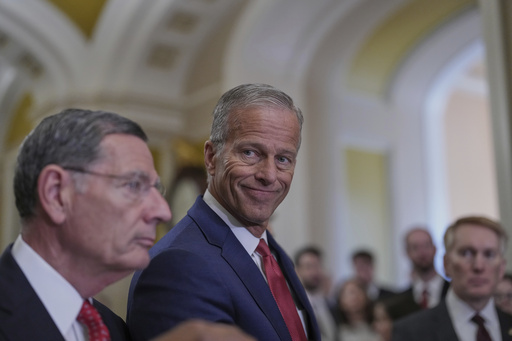 Senate Majority Leader John Thune, R-S.D., joined at left by Sen. John Barrasso, R-Wyo., the GOP whip, speaks to reporters following closed-door party meetings at the Capitol in Washington, Tuesday, June 17, 2025. (AP Photo/J. Scott Applewhite)
