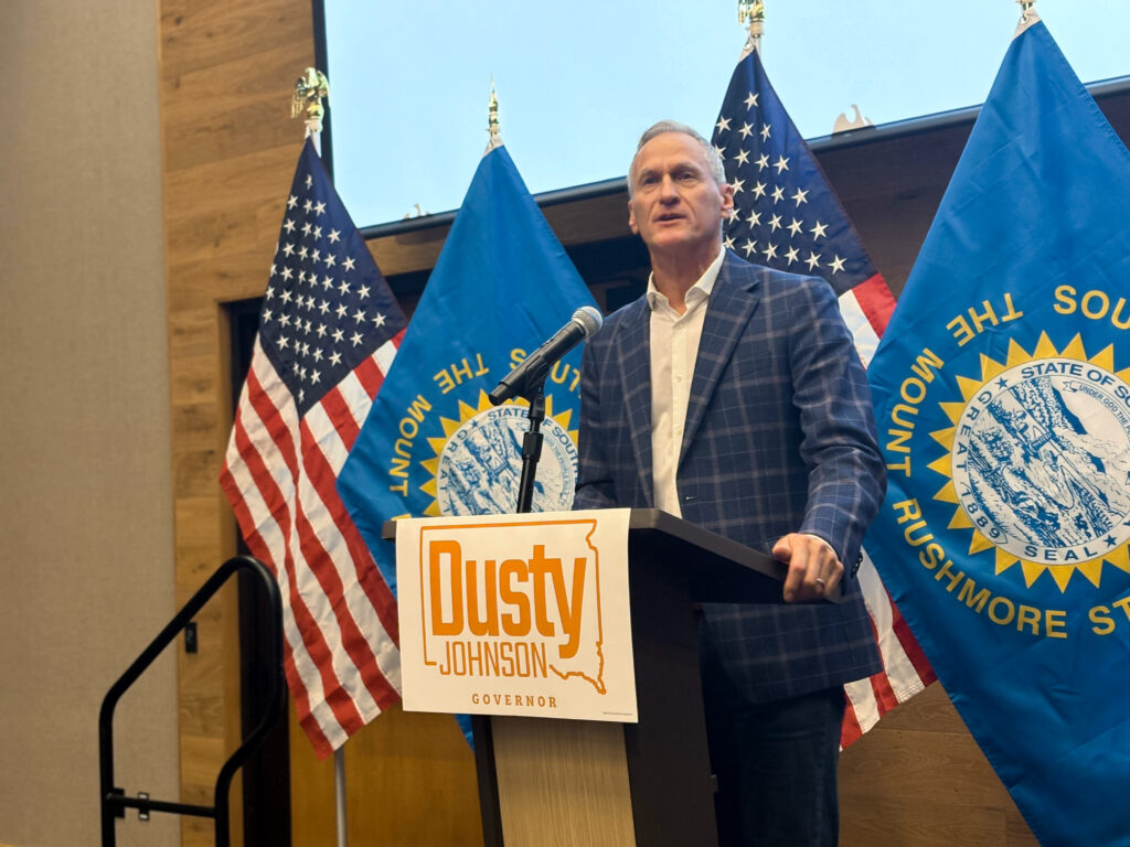 Former South Dakota Gov. Dennis Daugaard endorses U.S. Rep. Dusty Johnson's 2026 run for governor on June 30, 2025, in Sioux Falls. (Joshua Haiar/South Dakota Searchlight)