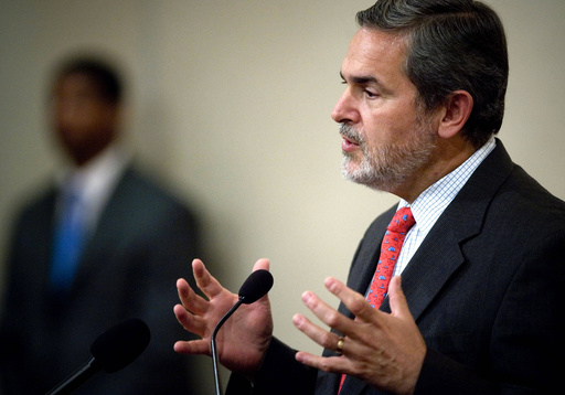 FILE - U.S. Assistant Secretary of State Richard Boucher gestures has he talks to journalists during a press conference in Islamabad, Pakistan, July 2, 2008. (AP Photo/Emilio Morenatti, File)