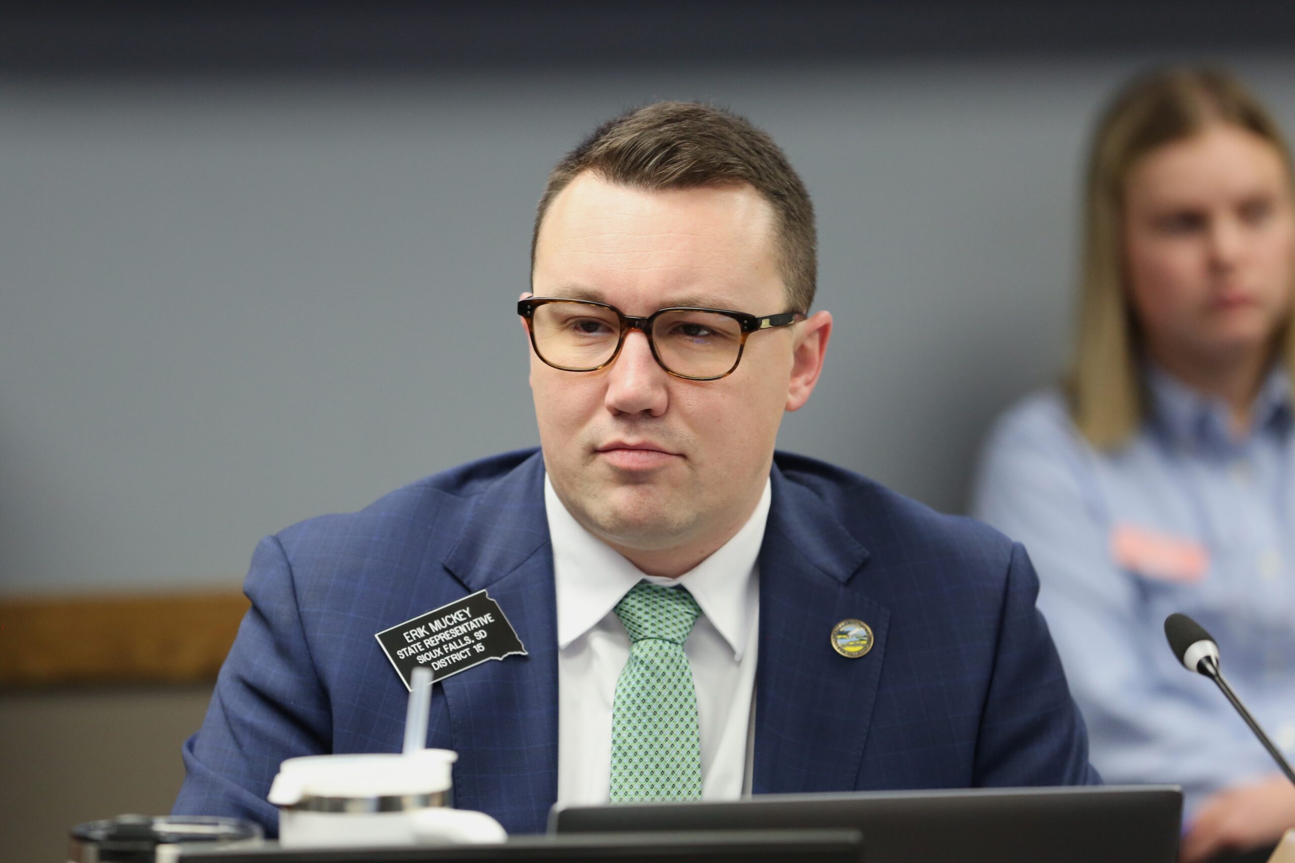 Rep. Erik Muckey, D-Sioux Falls, listens to a speaker during the Joint Committee on Appropriations on Jan. 21, 2025. (Makenzie Huber/South Dakota Searchlight)