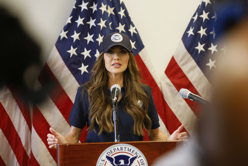 Homeland Security Secretary Kristi Noem holds a news conference regarding the recent protests in Los Angeles on Thursday, June 12, 2025. (AP Photo/Etienne Laurent)