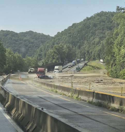 This photo provided by Tennessee Department of Transportation shows Interstate 40 remains closed near the Tennessee-North Carolina state line due to flooding and rockslide on Wednesday, June 18, 2025. (Tennessee Department of Transportation via AP)