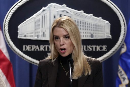 FILE - Attorney General Pam Bondi speaks at a news conference at the Justice Department, Feb. 12, 2025, in Washington. (AP Photo/Ben Curtis, File)