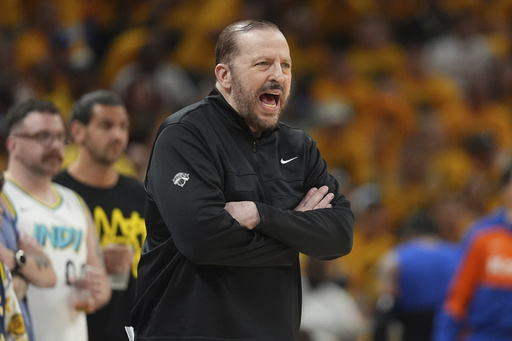 New York Knicks head coach Tom Thibodeau yells from the sideline during the first half of Game 6 of the Eastern Conference finals of the NBA basketball playoffs against the Indiana Pacers in Indianapolis, Saturday, May 31, 2025. (AP Photo/Michael Conroy)