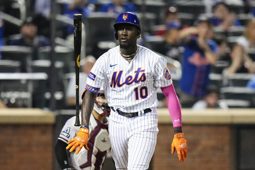 FILE - New York Mets' Ronny Mauricio flips his bat after hitting a two-run home run against the Arizona Diamondbacks during the fourth inning of a baseball game, Sept. 12, 2023, in New York. (AP Photo/Frank Franklin II, File)