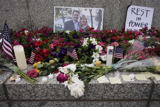 A memorial for Minnesota state Rep. Melissa Hortman and her husband Mark is seen at the state Capitol, Sunday, June 15, 2025, in St. Paul, Minn. (AP Photo/George Walker IV)