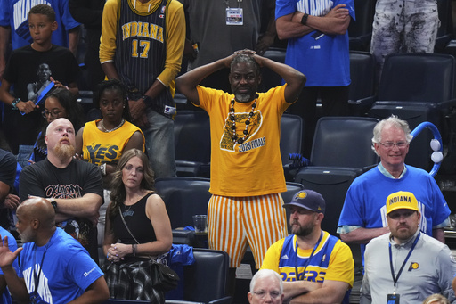 Indiana Pacers fans react during the second half of Game 7 of the NBA Finals basketball series against the Oklahoma City Thunder Sunday, June 22, 2025, in Oklahoma City. (AP Photo/Nate Billings)