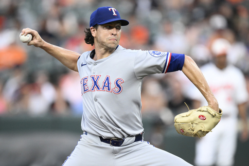 Texas Rangers starting pitcher Jacob deGrom throws during the second inning of a baseball game against the Baltimore Orioles, Wednesday, June 25, 2025, in Baltimore. (AP Photo/Nick Wass)
