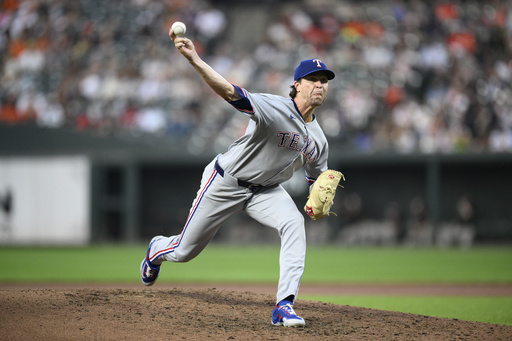 Texas Rangers starting pitcher Jacob deGrom throws during the fifth inning of a baseball game against the Baltimore Orioles, Wednesday, June 25, 2025, in Baltimore. (AP Photo/Nick Wass)