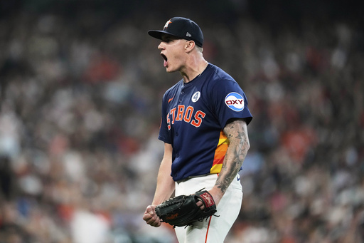Houston Astros starting pitcher Hunter Brown reacts after Tampa Bay Rays designated hitter Yandy Diaz grounds out during the sixth inning of a baseball game in Houston, Sunday, June 1, 2025. (AP Photo/Ashley Landis)