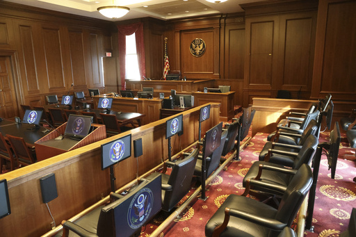 A view from the jury box is shown inside a federal courtroom similar to the room where the trial of Sean “Diddy” Combs’ is being held in Federal District court in Manhattan on Friday, June 6, 2025 in New York. (Jefferson Siegel /The New York Times via AP, Pool)