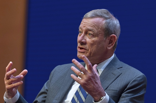 FILE - Chief Justice of the U.S. Supreme Court John Roberts speaks during a lecture to the Georgetown Law School graduating class of 2025, in Washington, May 12, 2025. (AP Photo/Manuel Balce Ceneta, File)
