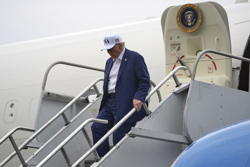 President Donald Trump arrives on Air Force One at Morristown Municipal Airport in Morristown, N.J., Friday, June 6, 2025. (AP Photo/Manuel Balce Ceneta)