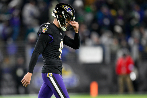 FILE - Baltimore Ravens kicker Justin Tucker misses a field goal against the Philadelphia Eagles during the second half of an NFL football game, Sunday, Dec. 1, 2024, in Baltimore. (AP Photo/Nick Wass, File)