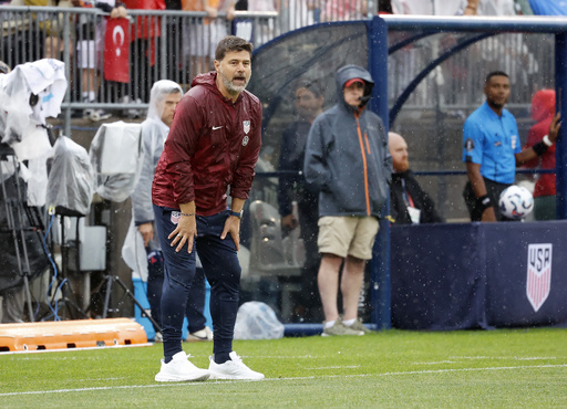 United States head coach Mauricio Pochettino encourages his team during the first half of an international friendly soccer game against Turkey, Saturday, June 7, 2025, in East Hartford, Conn. (AP Photo/Mary Schwalm)