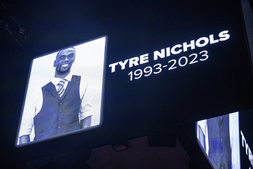FILE - A screen at the Smoothie King Center in New Orleans honors Tyre Nichols before an NBA basketball game between the Pelicans and Wizards, Jan. 28, 2023. (AP Photo/Matthew Hinton, File)