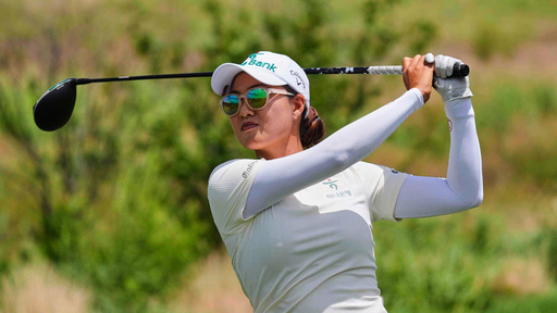 Minjee Lee hits a tee shot on the second hole during the third round of the Women's PGA Championship golf tournament Saturday, June 21, 2025, in Frisco, Texas. (AP Photo/LM Otero)