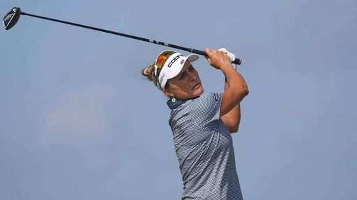 Lexi Thompson watches her tee shot on the sixth hole during the second round of the Women's PGA Championship golf tournament Friday, June 20, 2025, in Frisco, Texas. (AP Photo/LM Otero)