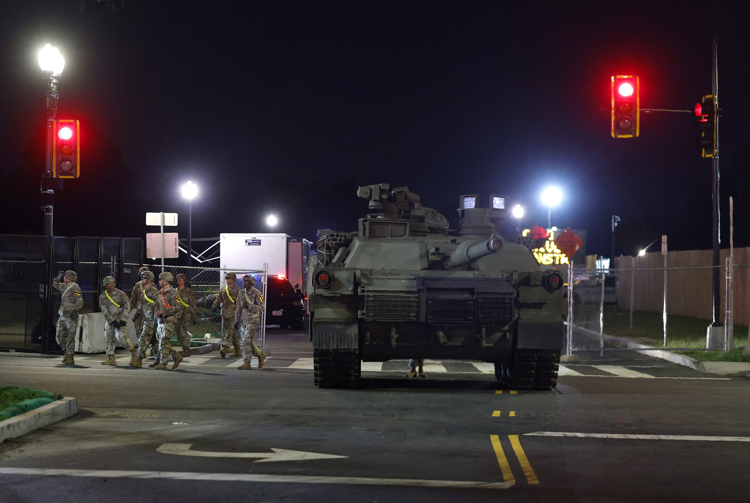 An Army M1 Abrams tank moves along Independence Avenue as it arrives at West Potomac Park on June 10, 2025 in Washington, D.C.  (Photo by Kevin Dietsch/Getty Images)