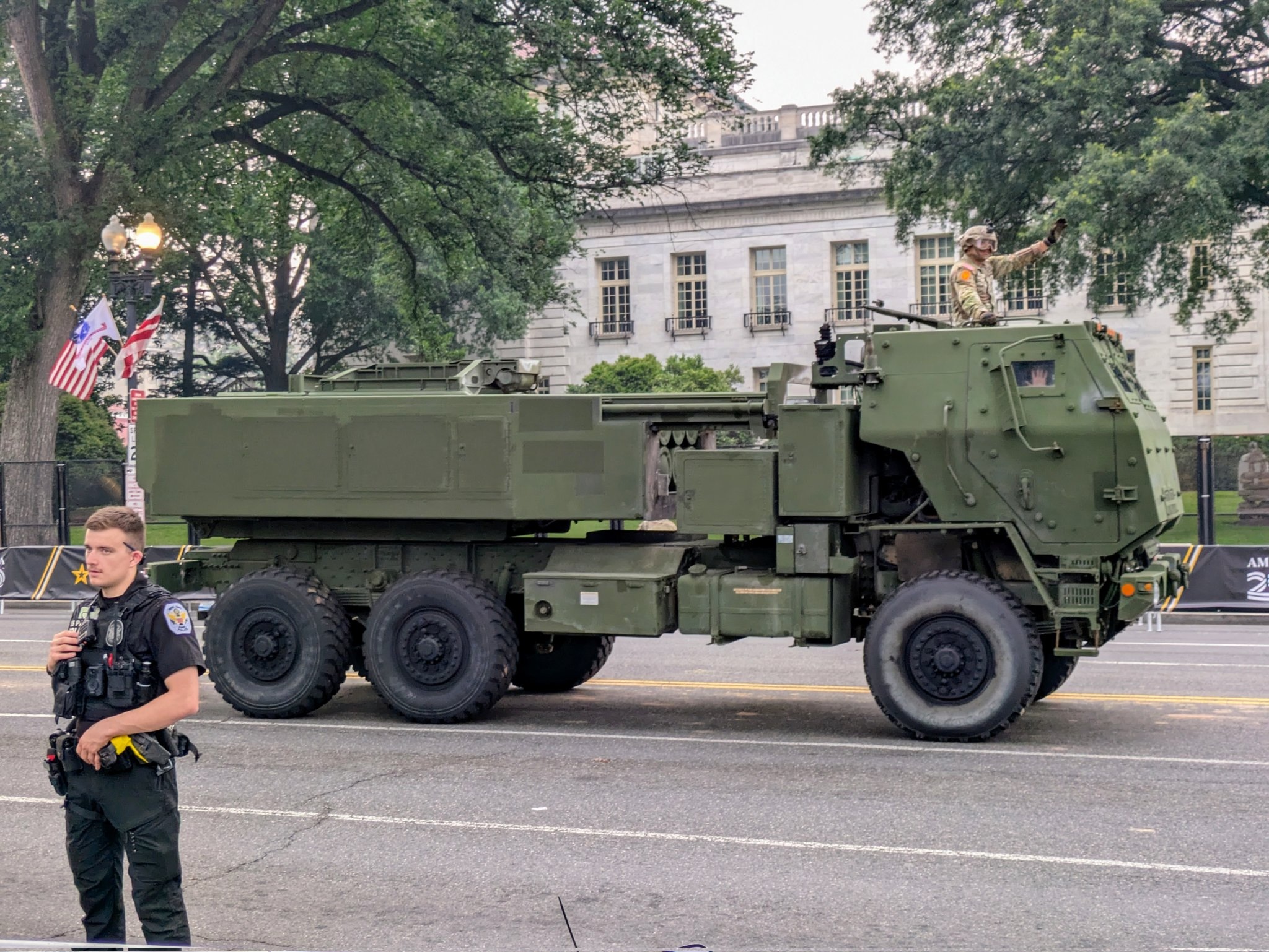 HIMARS, or High Mobility Artillery Rocket System, passing by now. The U.S. provided them to Ukraine as part of the last military aid package. It can fire six guided missiles in rapid succession. It can also fire new presicion strike missiles that can reach a 310-mile distance.