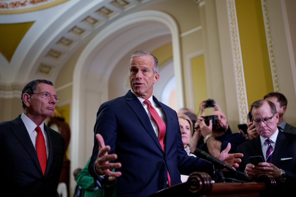 Senate Majority Leader John Thune, R-S.D., center, accompanied by Sen. John Barrasso, R-Wyo., left, and Sen. Shelley Moore Capito, R-W.Va., right, speaks to reporters following a weekly Republican policy luncheon at the U.S. Capitol on Feb. 19, 2025 in Washington, D.C. (Photo by Andrew Harnik/Getty Images)